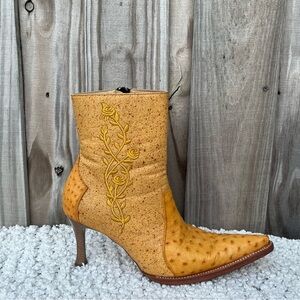 GENUINE OSTRICH- Yellow Pointy toe high heel booties